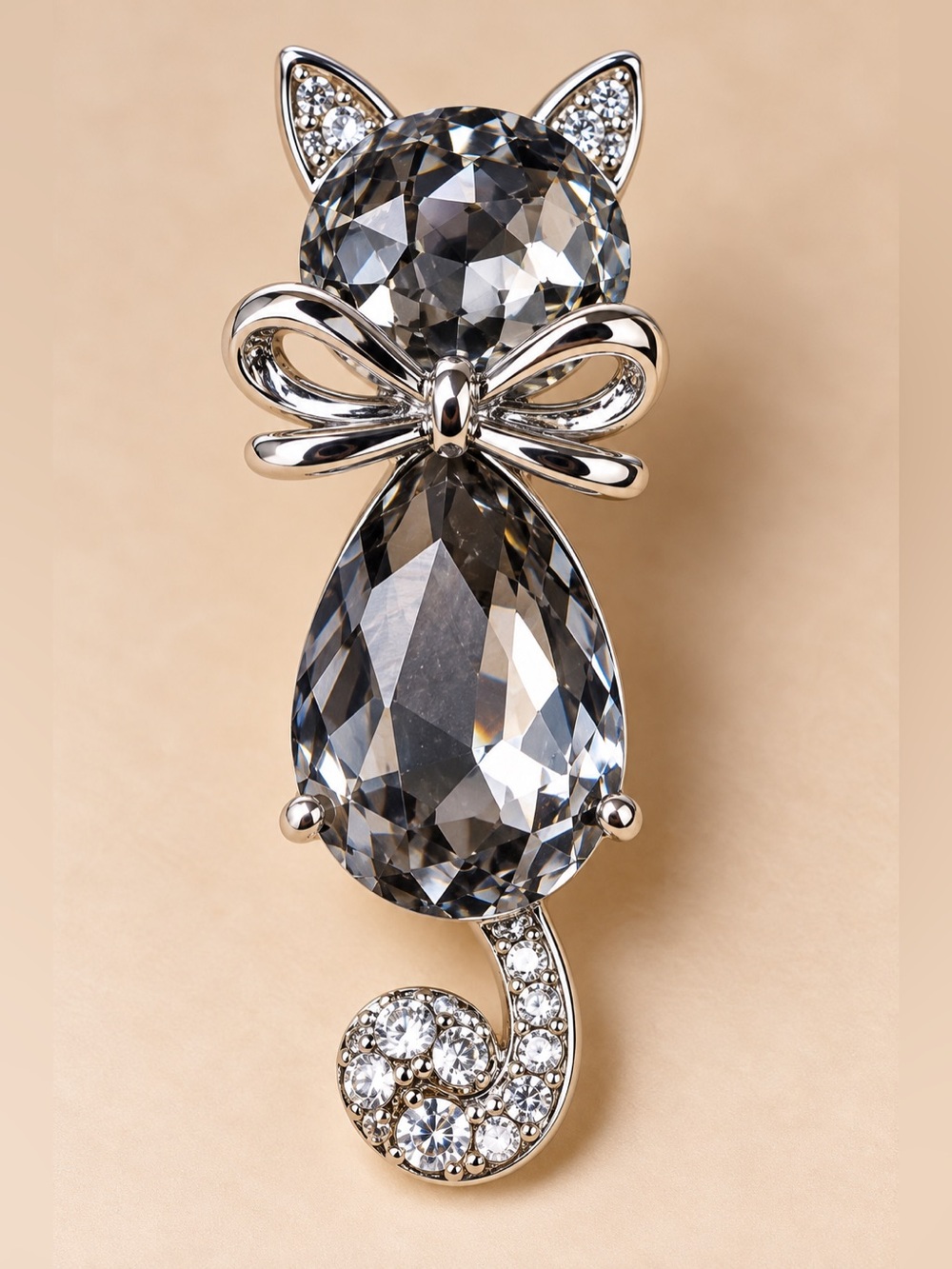 Silver-Tone Smoky Crystal Cat Brooch with Bow